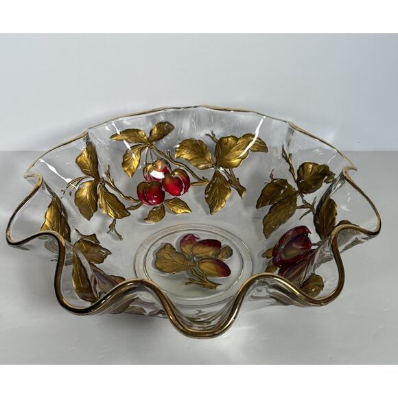 Vintage Glass Intaglio Fruit Bowl Goofus Glass Ruffled Gold Rim Red Fruit - Picture 8 of 14